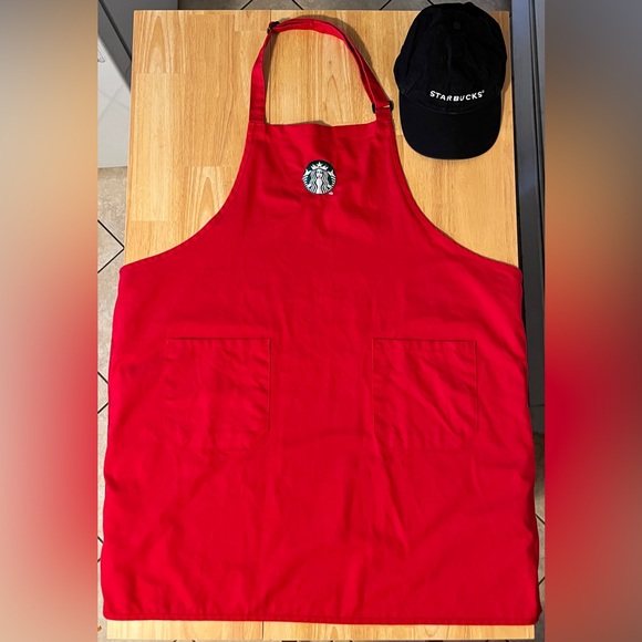 Starbucks Red Apron with Black Cap and Metal Nametag Bundle - Picture 1 of 16